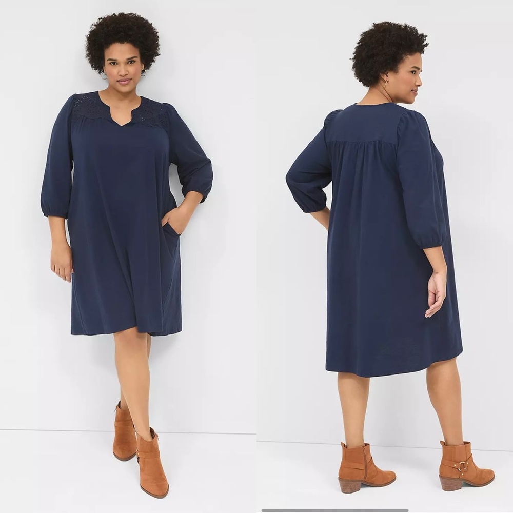 Lane Bryant Navy Blue 3/4-Sleeve Eyelet-Detail Swing Dress Size 18/20